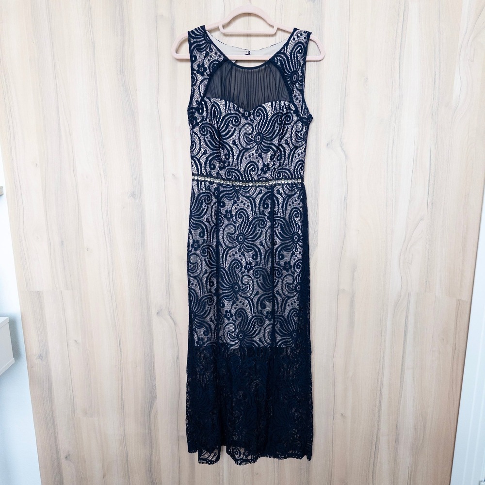 Enfocus Lace Maxi Dress 10P Navy Rhinestone Formal Gown Wedding Romantic Classic